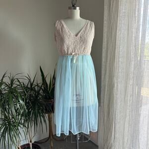 Women's Medium Nightgown Aqua Blue Nylon Chiffon Lace Babydoll Vintage 1950s